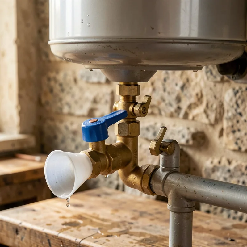Robinet d’arrêt bleu et groupe de sécurité sous un ballon d’eau chaude dans un cellier de maison bretonne