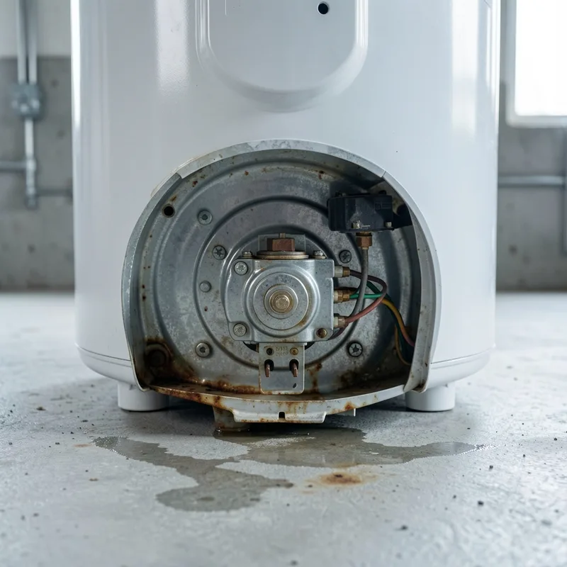 Capot inférieur déposé sur un chauffe-eau électrique, bride, thermostat et traces d’humidité sur le sol
