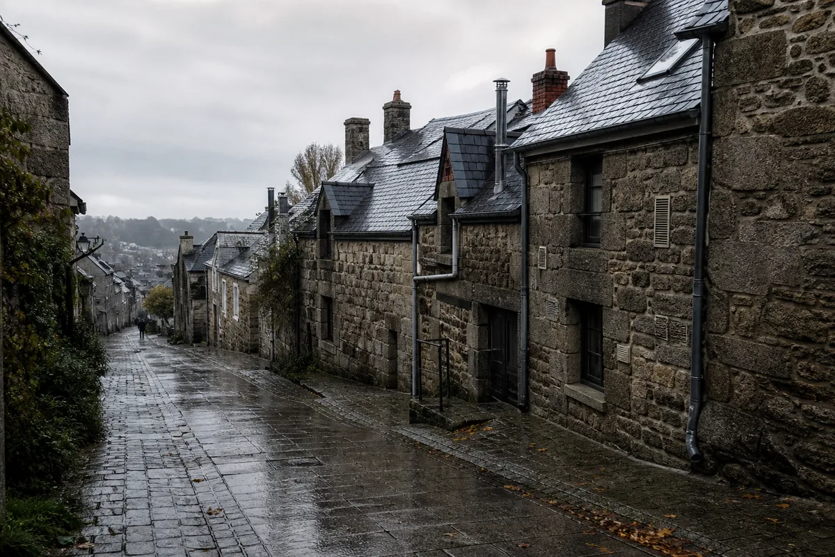 Rue de granit sous la pluie d&rsquo;automne au pays de Fougères, toitures et souches de cheminée