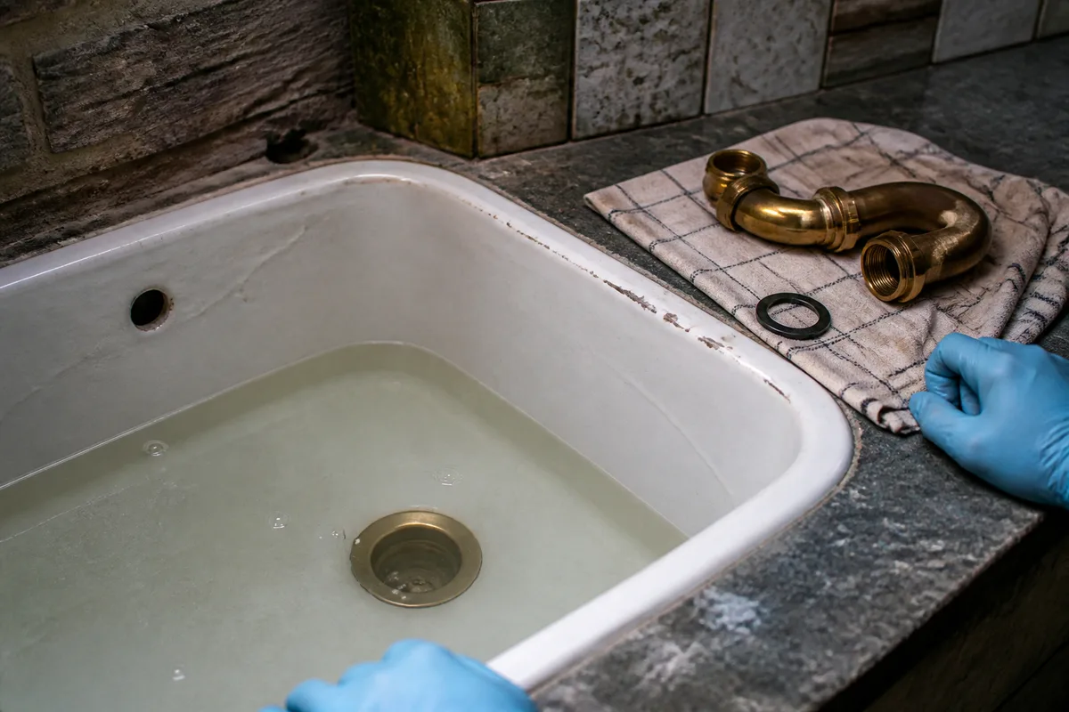Eau stagnante dans un évier de cuisine ancien, bonde en laiton et siphon démonté posé sur un torchon