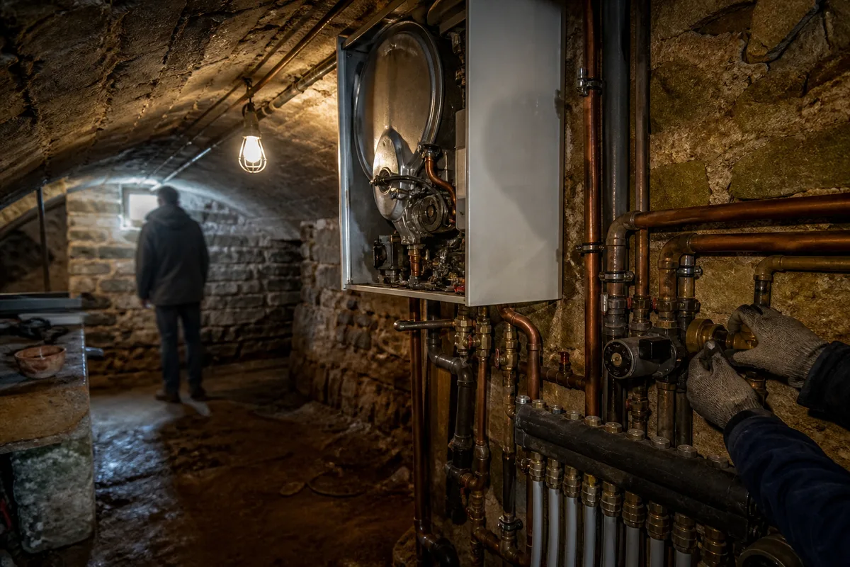 Chaufferie de longère bretonne éclairée à la baladeuse, chaudière murale et cuivre patiné