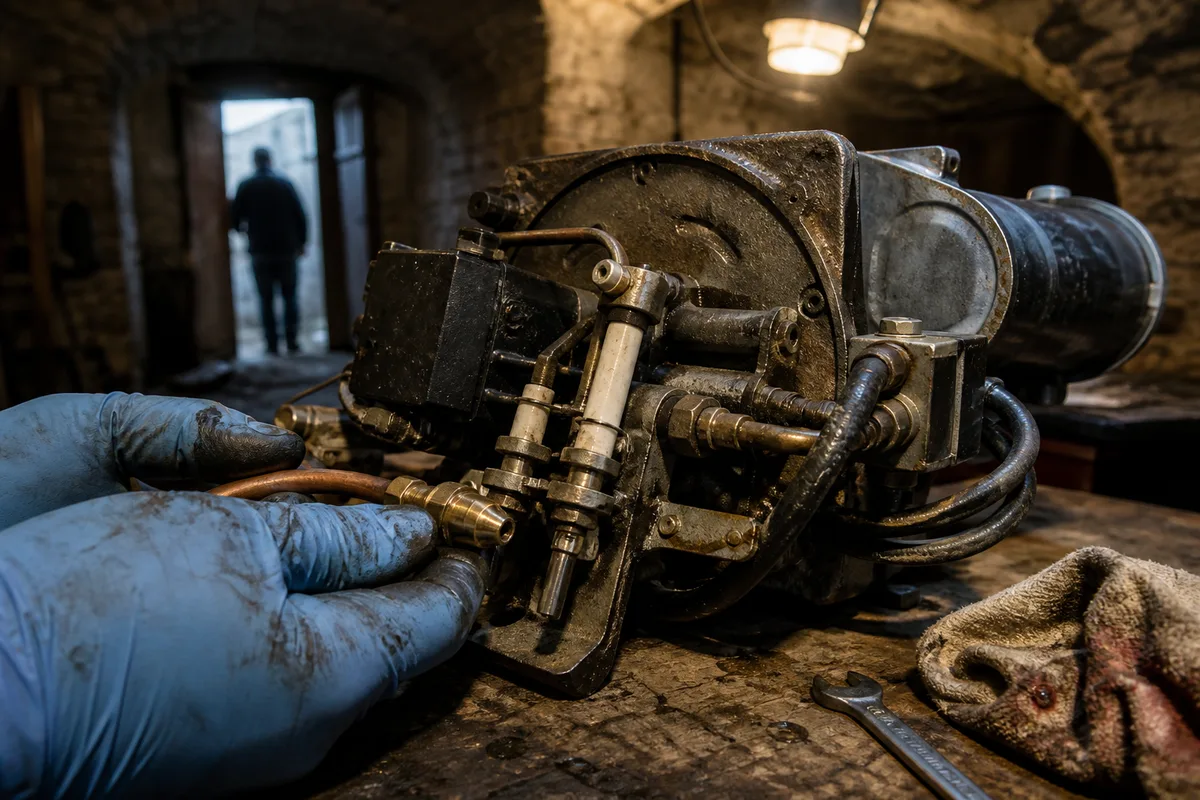 Brûleur fioul déposé sur un établi de chaufferie, gicleur et électrodes visibles