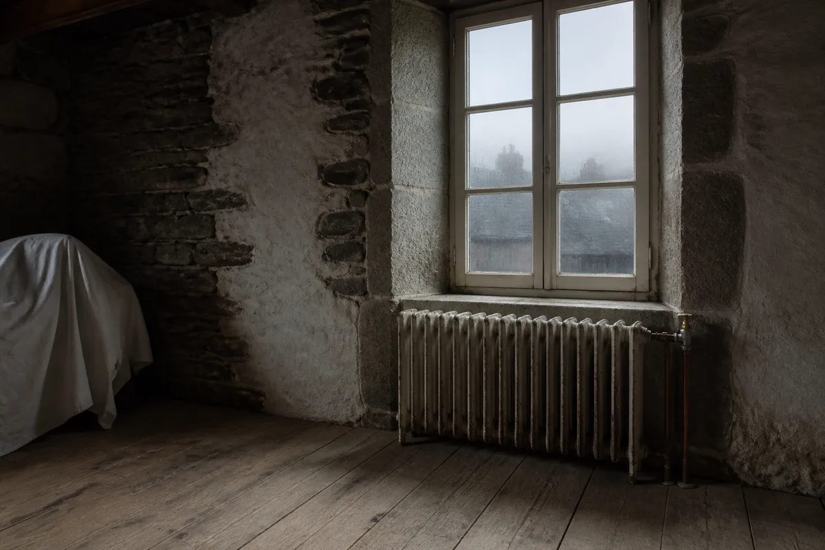 Radiateur en fonte sous une fenêtre à encadrement de pierre dans une pièce froide de longère