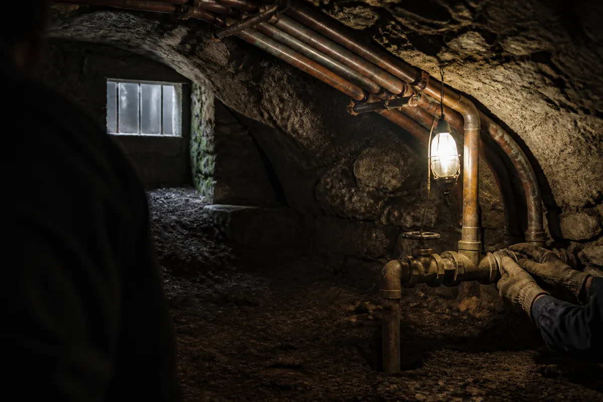Cave voûtée de granit éclairée à la baladeuse, tuyauteries de cuivre patiné et vanne d’arrêt