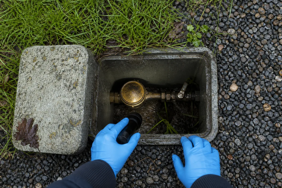 Compteur d&rsquo;eau dans son regard ouvert au bord d&rsquo;une allée gravillonnée, main gantée relevant l&rsquo;index