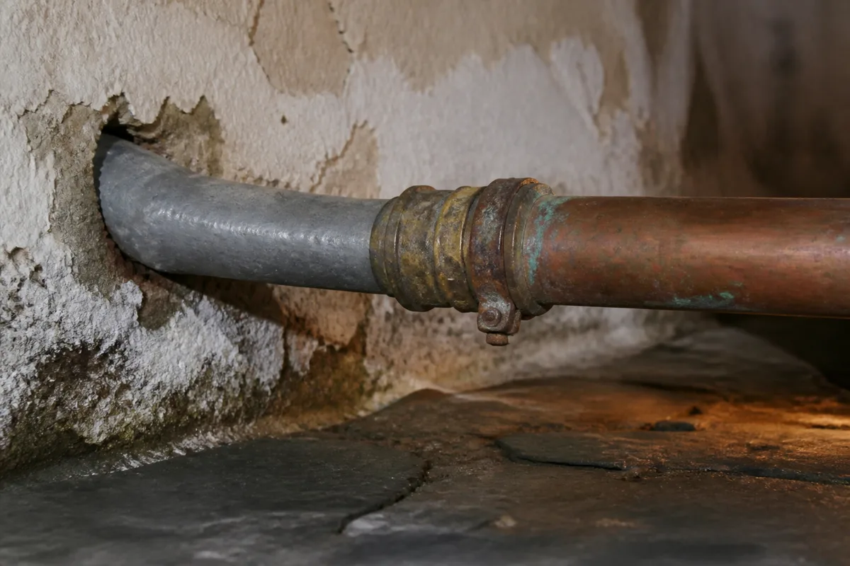Ancien tube de plomb gris raccordé à du cuivre le long d&rsquo;un mur enduit à la chaux dans une cave