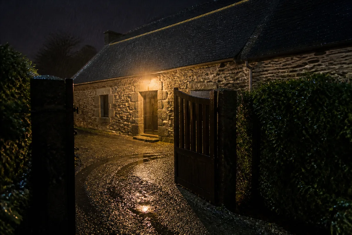 Cour de gravier et perron d&rsquo;une longère de granit à la nuit tombée, lumière extérieure allumée sous la pluie