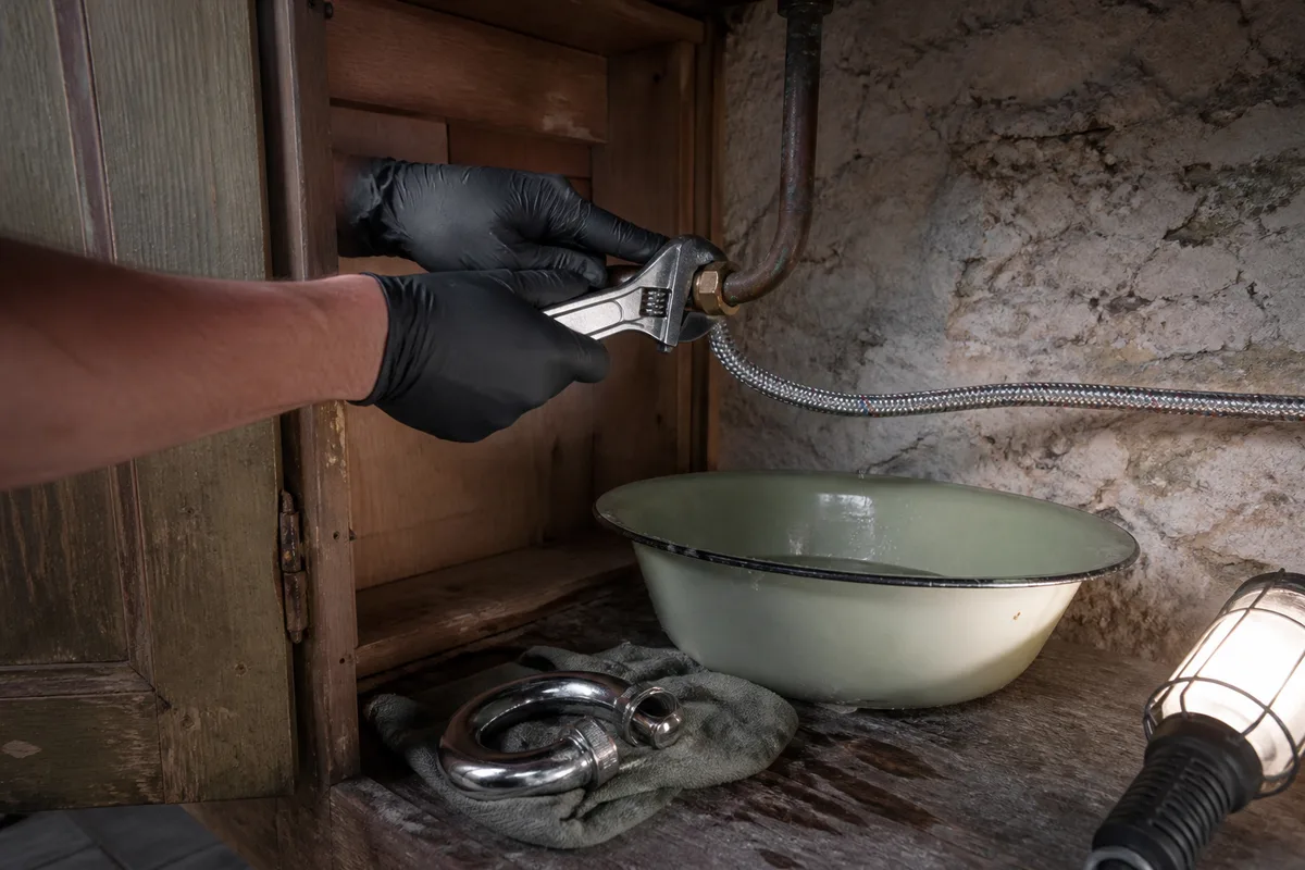 Mains gantées resserrant un raccord de cuivre sous un évier dans une cuisine ancienne