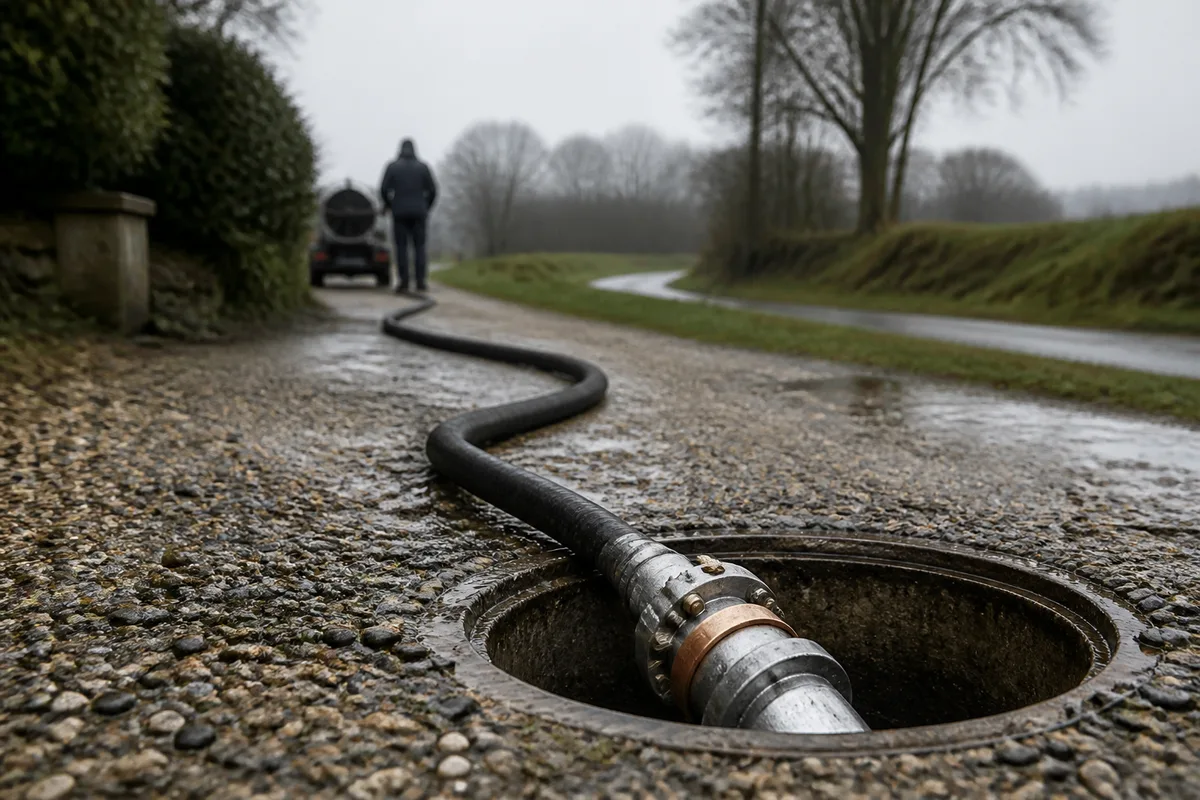 Flexible d&rsquo;hydrocurage déroulé sur une cour gravillonnée jusqu&rsquo;à un regard, chemin de marais détrempé à l&rsquo;arrière-plan