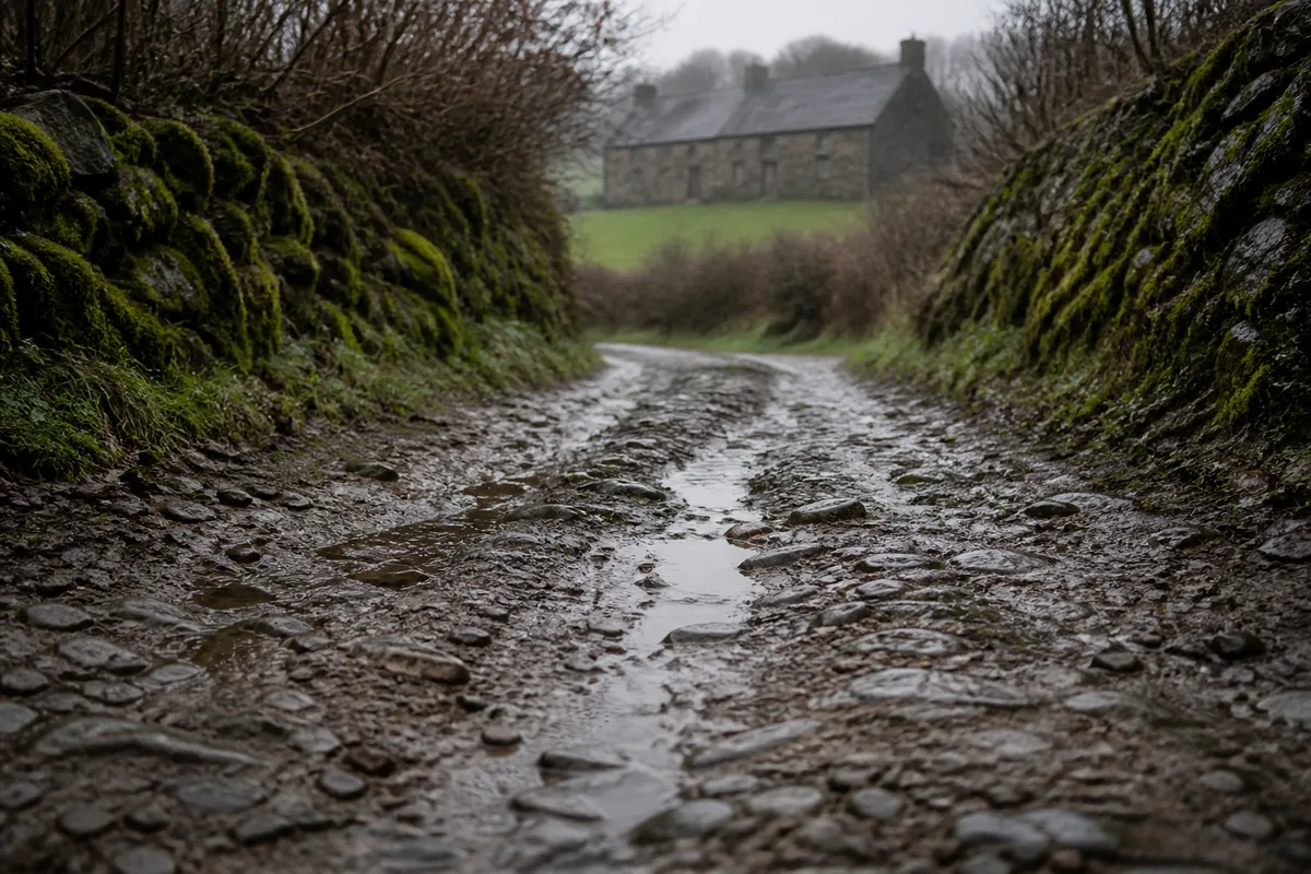 Chemin empierré bordé de talus bocagers menant à une longère de schiste sous un ciel gris