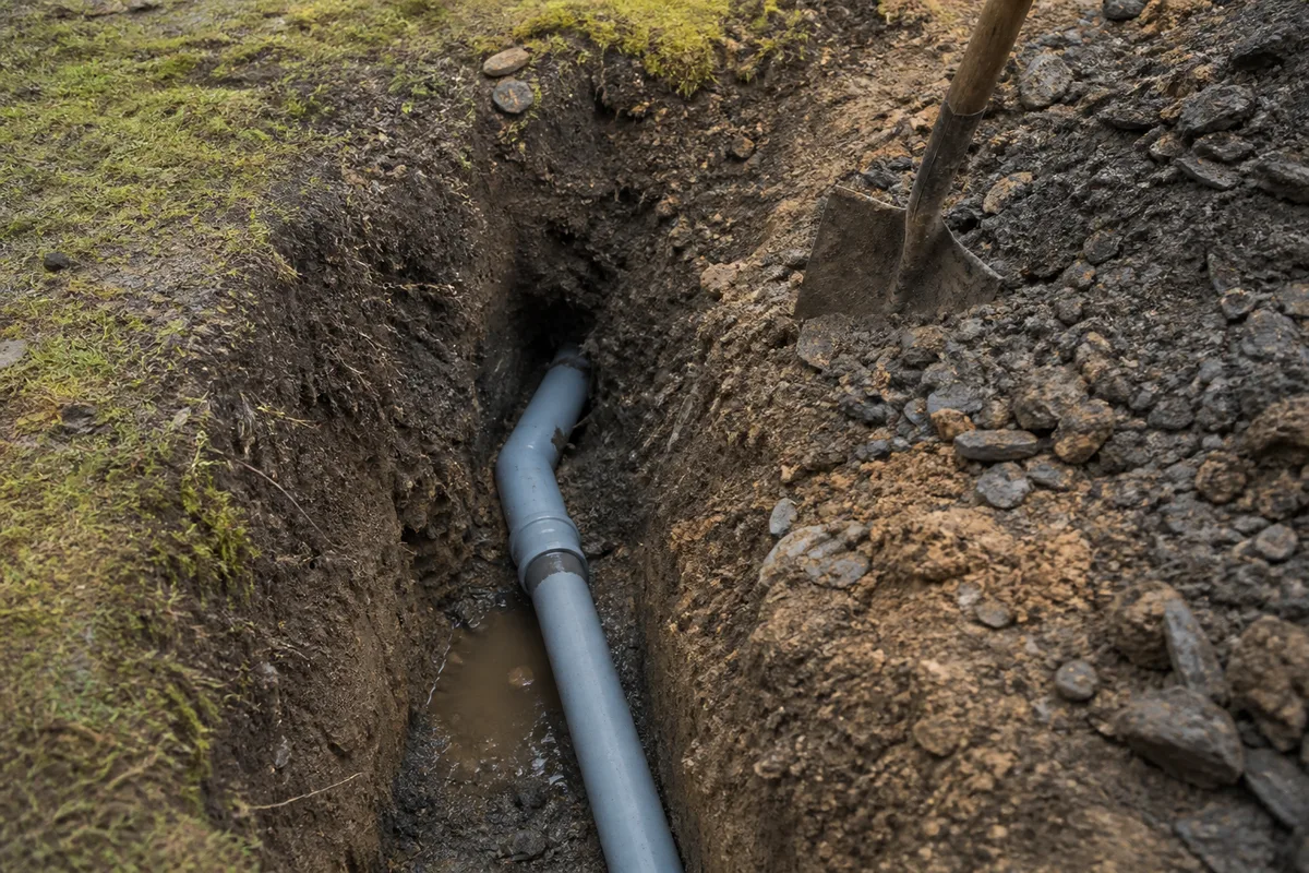 Canalisation PVC affaissée et raccord suintant dans une tranchée ouverte au bord d&rsquo;une cour de ferme