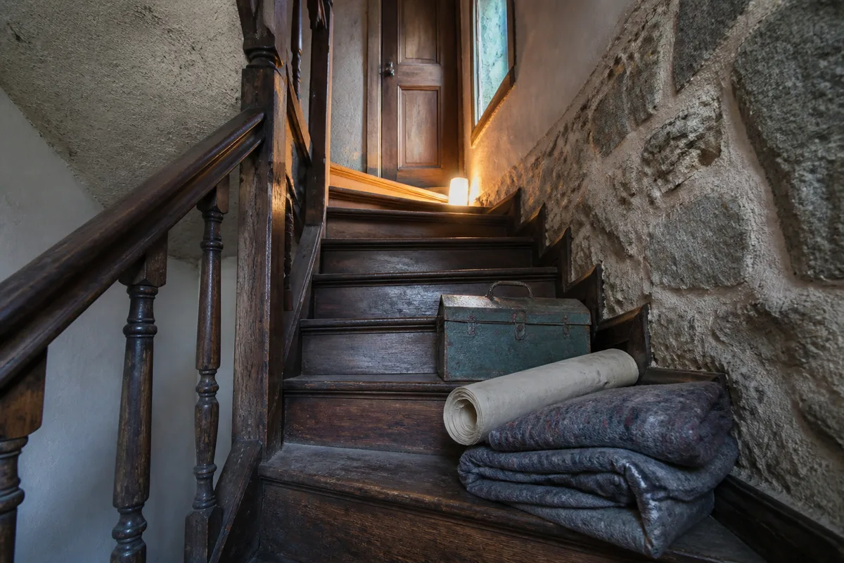 Escalier ancien en bois tournant et palier étroit d&rsquo;une maison du centre de Vitré
