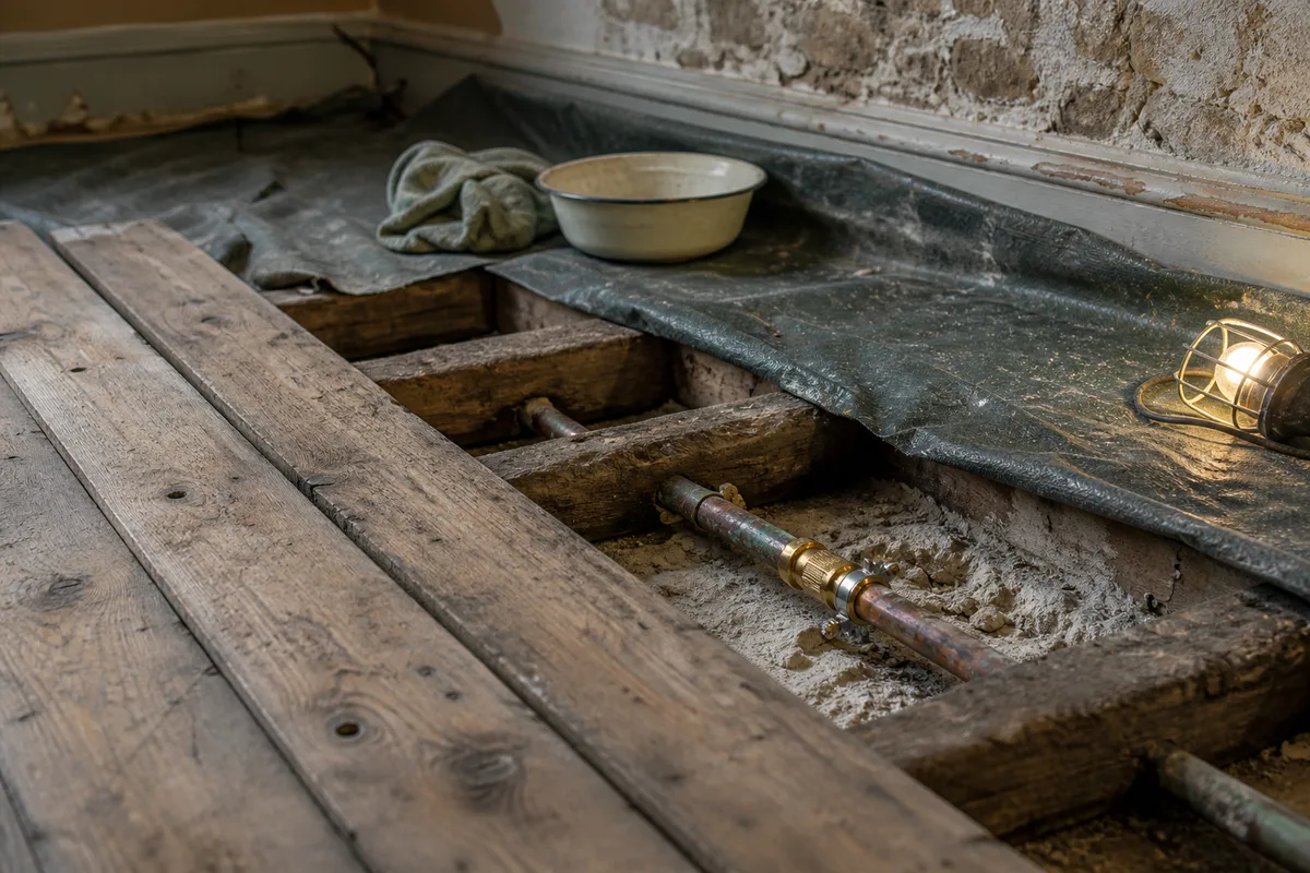 Lames de plancher bois déposées laissant apparaître une canalisation de cuivre entre deux solives