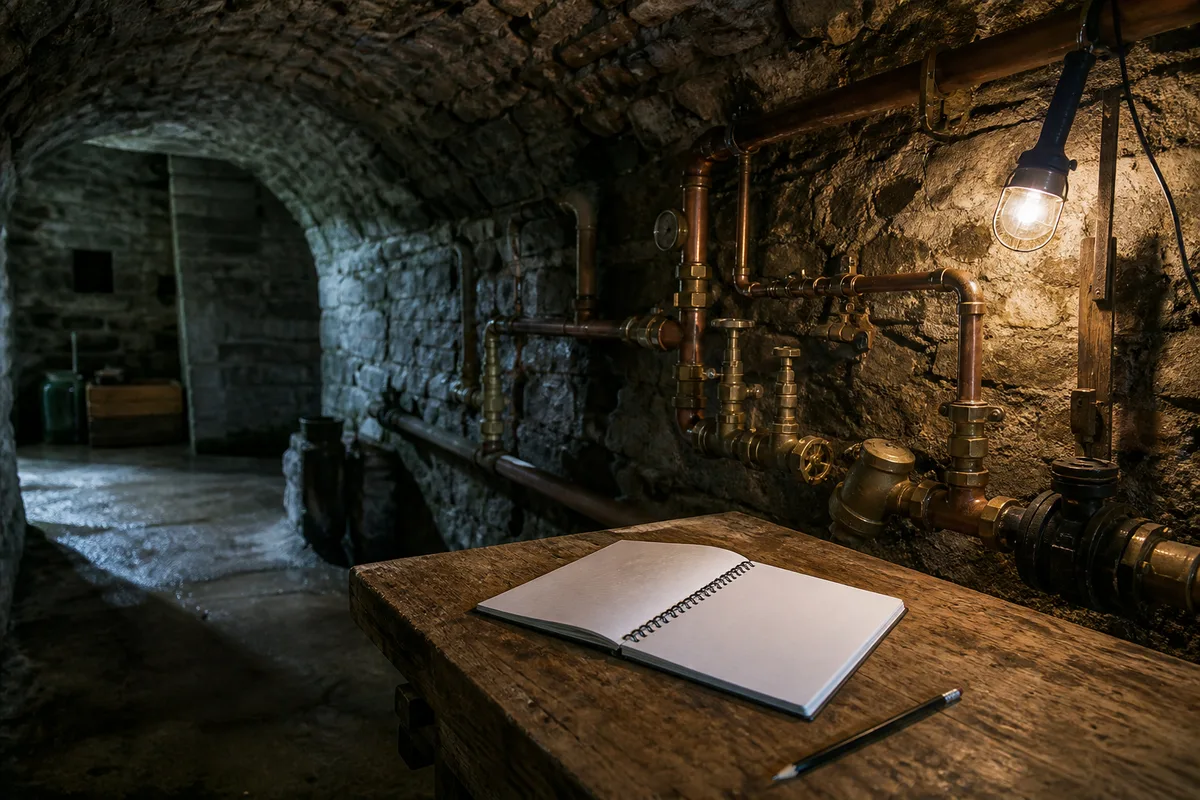 Carnet de notes et tableau de raccordements en cuivre patiné dans une cave éclairée à la baladeuse